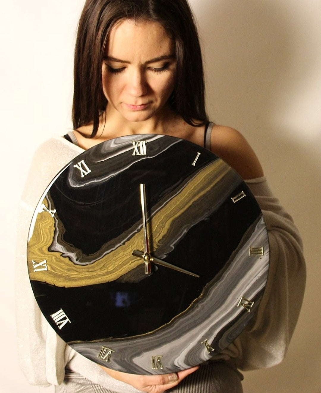 Orologio da Parete in Legno Resina effetto Marmo Nero e Oro Base in legno 40 cm di diametro