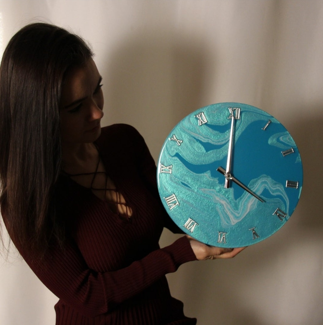 Orologio da Parete in Legno Resina effetto Marmo Azzurro 30 cm di diametro