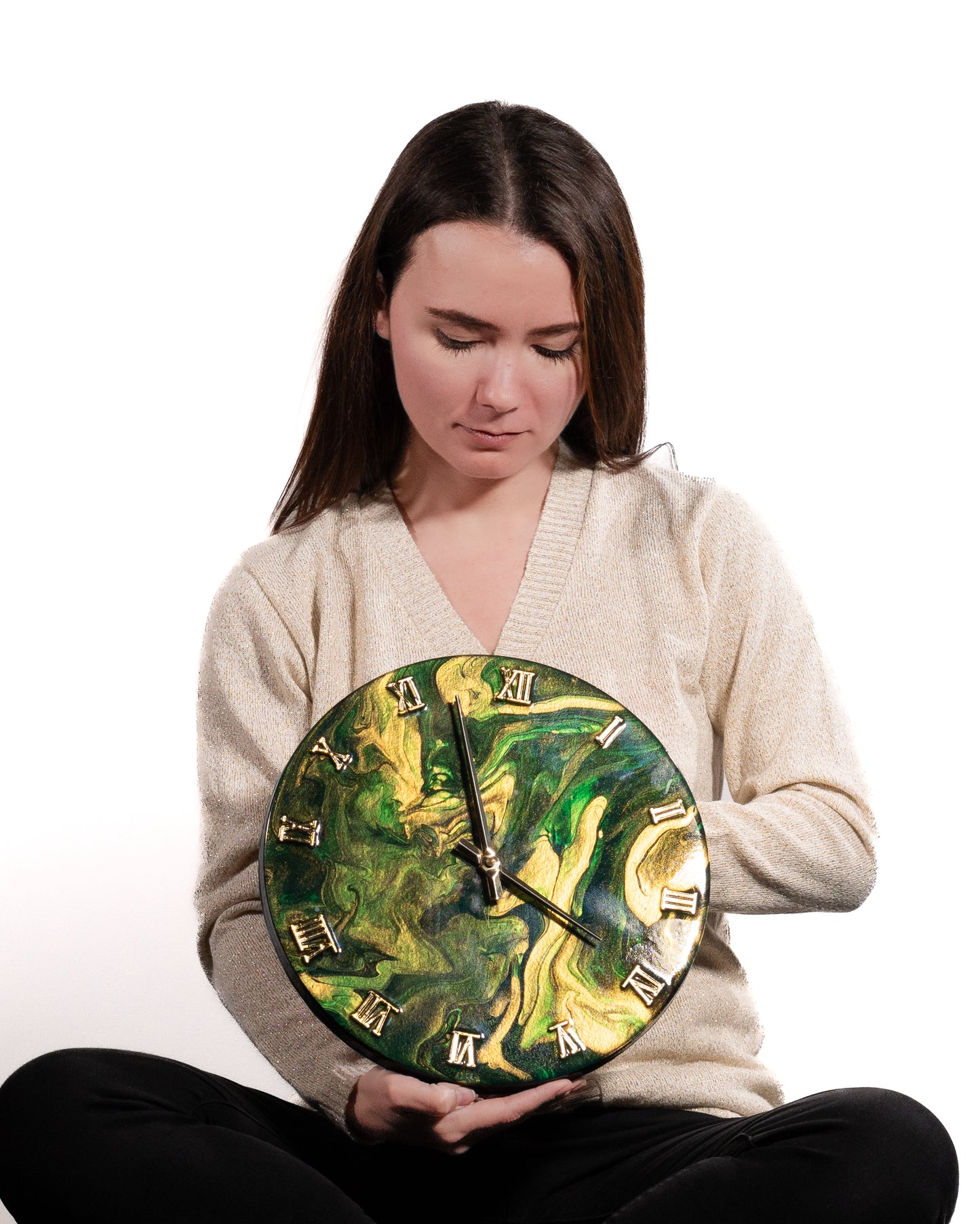 Orologio da Parete in Legno Resina effetto Marmo Verde e Oro 30 cm di diametro