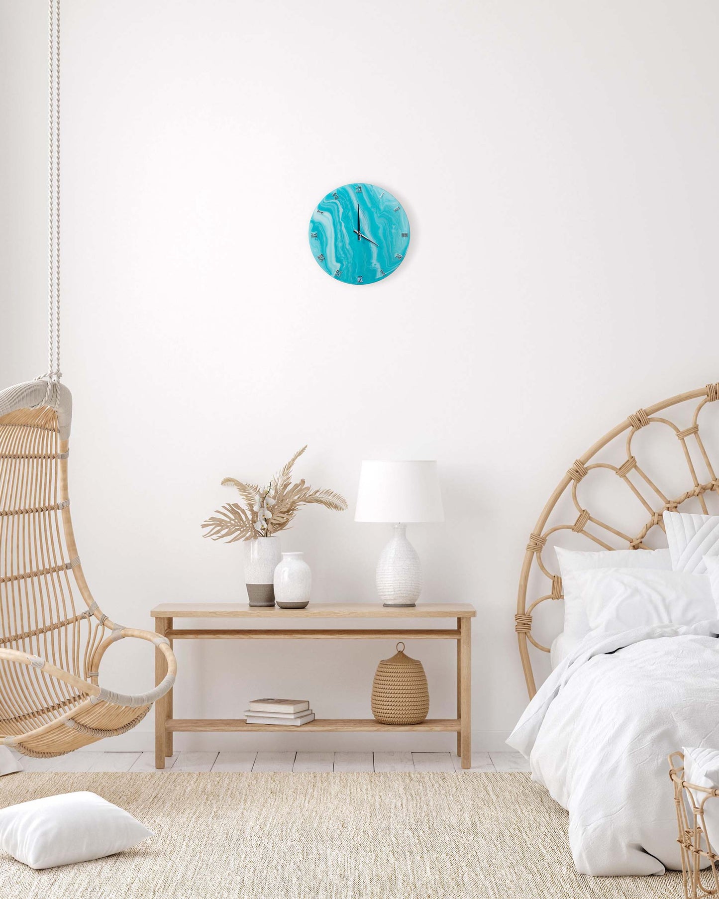 Orologio da Parete in Resina effetto Marmo Azzurro Base in legno 40 cm di diametro
