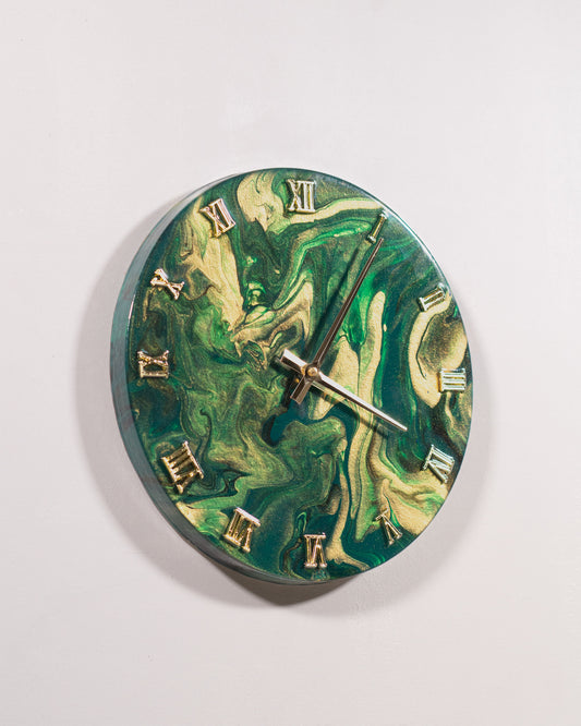 Orologio da Parete in Legno Resina effetto Marmo Verde e Oro 30 cm di diametro