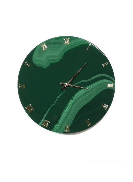 Orologio da Parete in Resina effetto Marmo Verde Alpi  Base in legno 40 cm di diametro