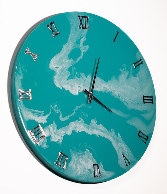 Orologio da Parete in Legno Resina effetto Marmo color Tiffany e Madreperla 50 cm di diametro