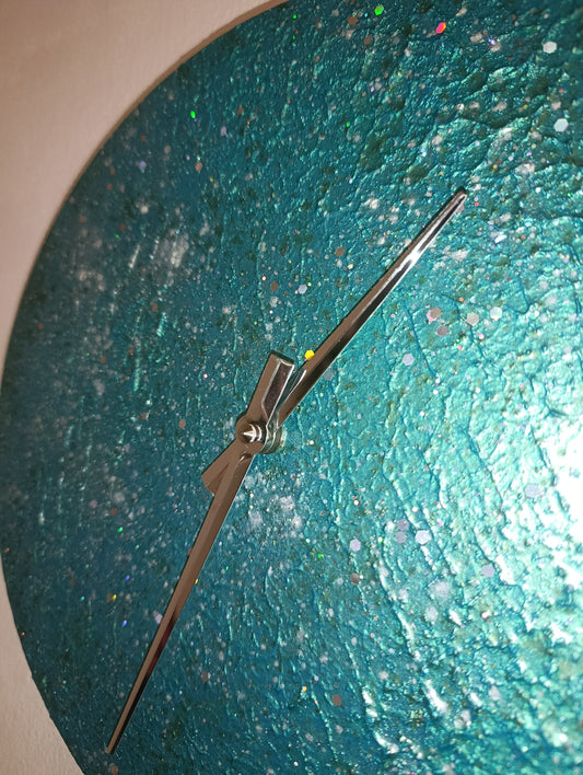 Orologio Da Parete in Legno, gesso color Tiffany Glitter 30 cm di diametro