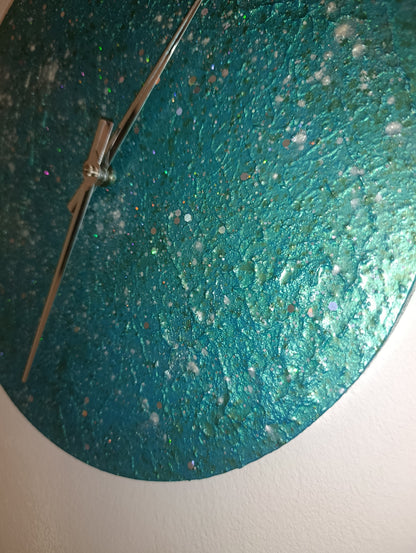 Orologio Da Parete in Legno, gesso color Tiffany Glitter 30 cm di diametro